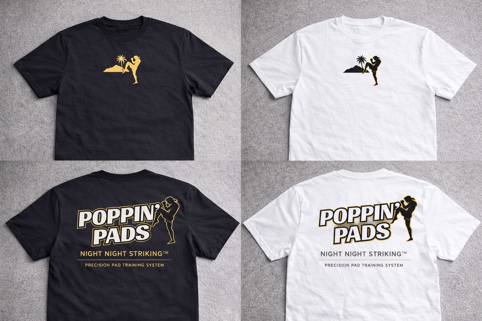 Poppin’ Pads black and white T-shirt design concepts with gold Lēʻahi, palm-tree and kick-check chest marks and back wordmarks