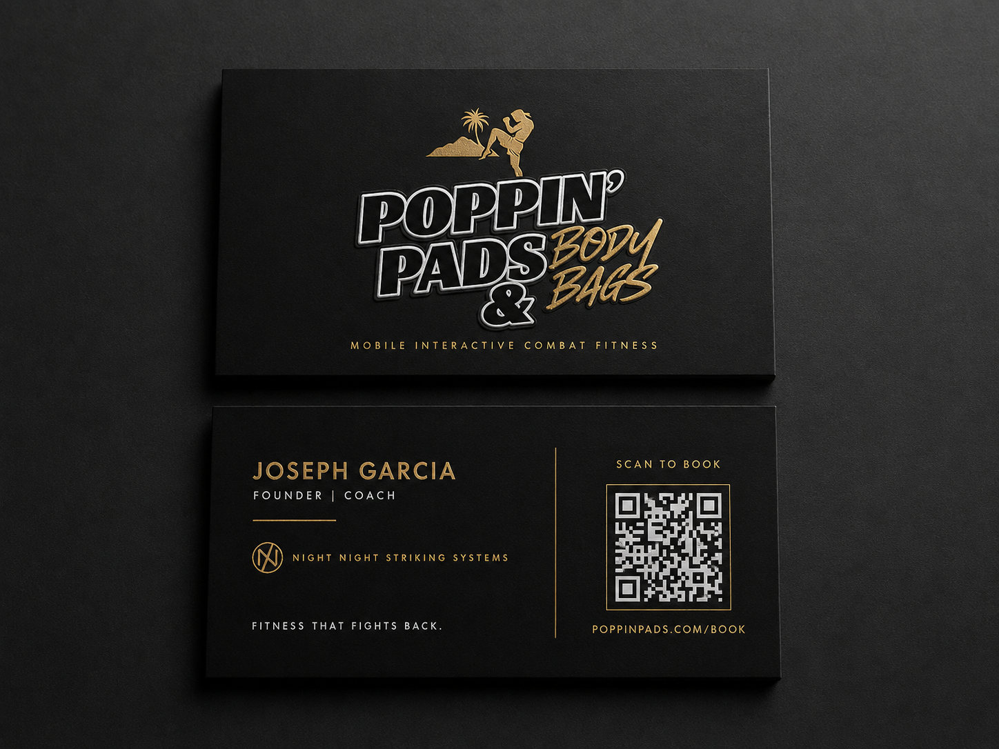 Black business-card concept with the gold Lēʻahi, palm-tree and kick-check emblem and Poppin’ Pads & Body Bags lettering